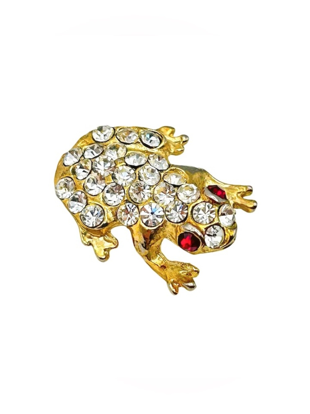 Vintage Gold Tone Crystal Rhinestone Frog Toad Brooch Pin with Ruby Red Eyes